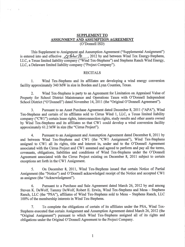 Fillable Online SUPPLEMENT TO ASSIGNMENT AND ASSUMPTION AGREEMENT Fax ...