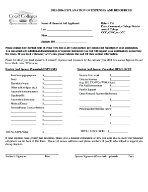 Coast Community College Expense Explanation Form