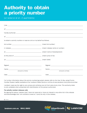 Authority to Obtain Priority Number