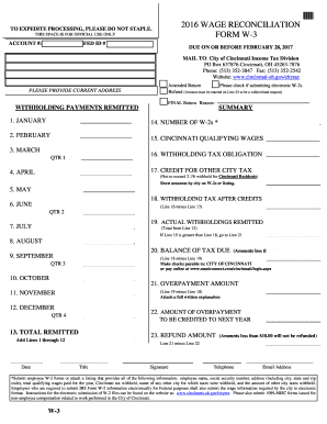 2016 Cincinnati W-3 Wage Reconciliation Form