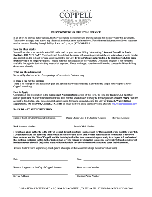 City of Coppell Water Bill Bank Draft Authorization