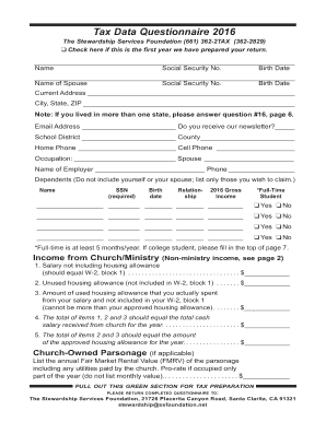 Tax Data Questionnaire 2016