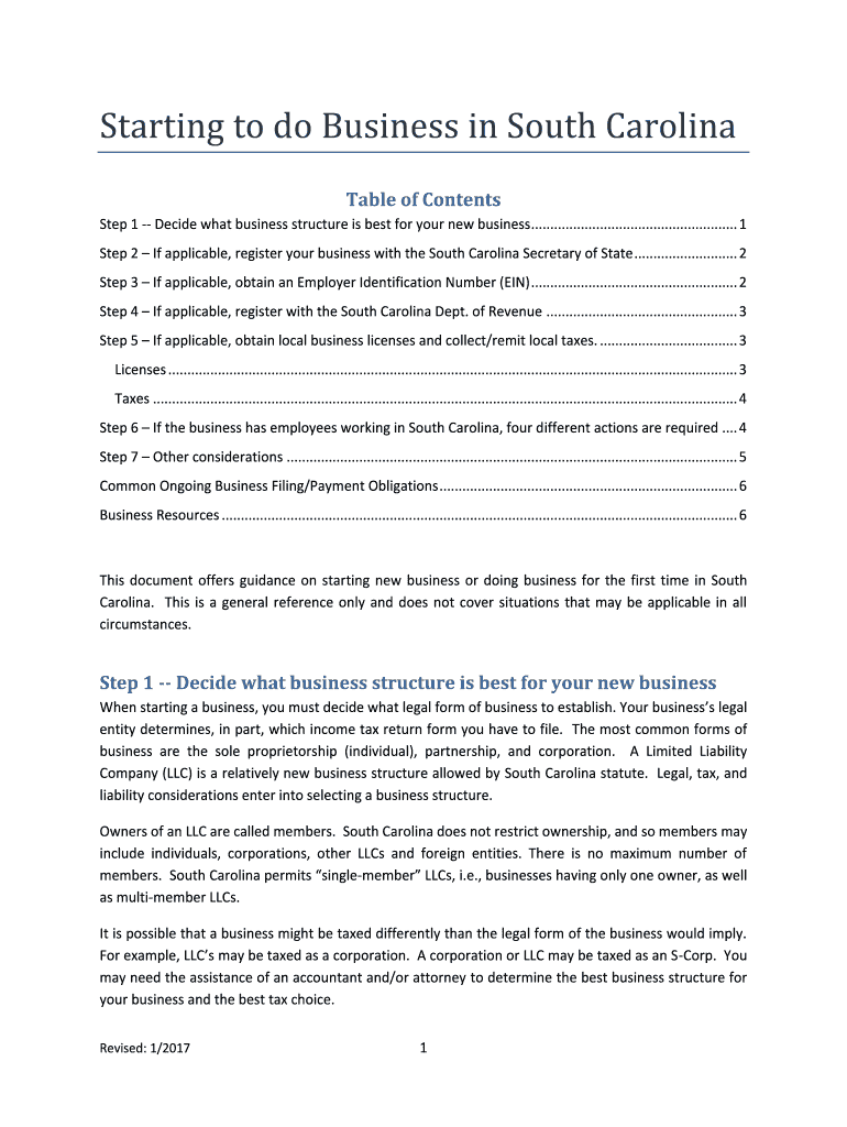 Fillable Online Starting to do Business in South Carolina Fax Email