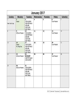 Fillable Calendar Template 2017