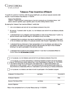 Tobacco Free Incentive Affidavit