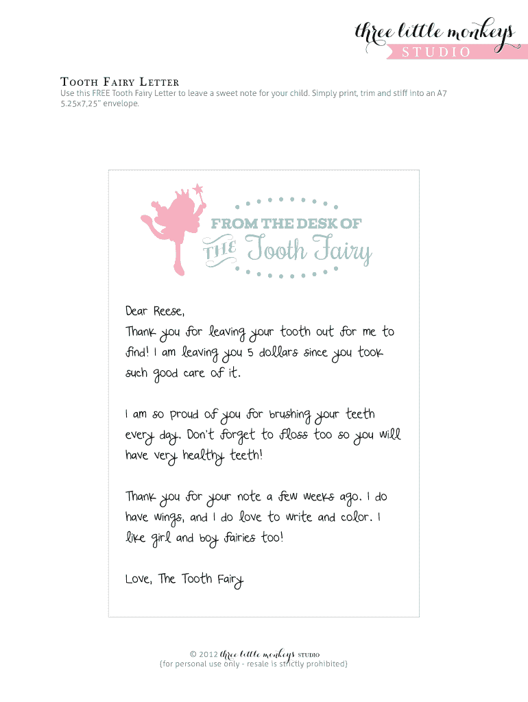 Three Little Monkeys Tooth Fairy Letter - Fill Online, Printable Regarding Tooth Fairy Letter Template