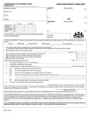 Pennsylvania Landlord Tenant Complaint Form