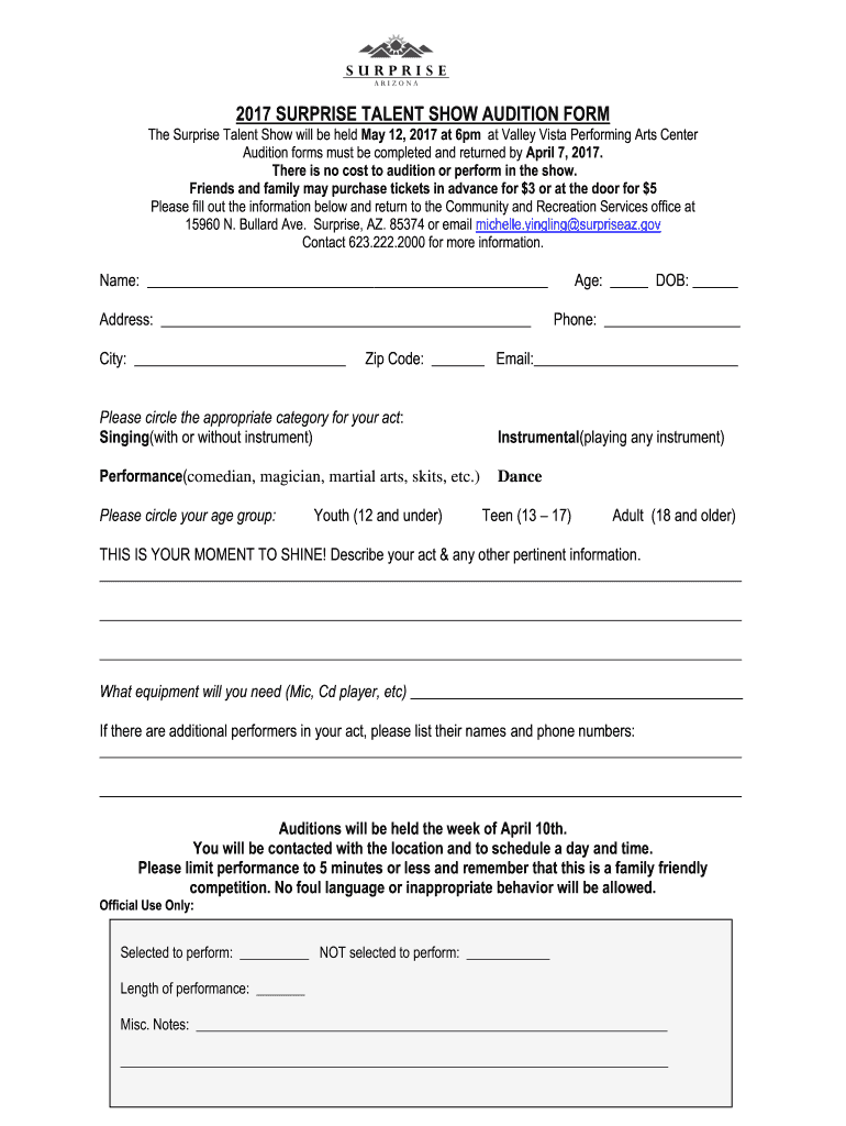 2017 Surprise Talent Show Audition Form Preview on Page 1