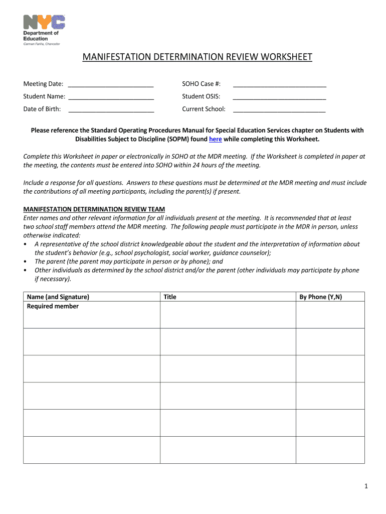 manifestation determination worksheet Preview on Page 1