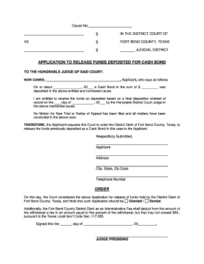 Application to Release Funds Deposited for Cash Bond