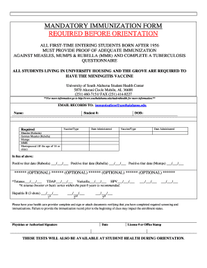 University of South Alabama Immunization Form