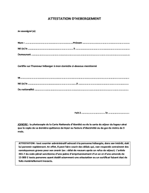 French Attestation D H bergement Mod le Vierge Remplir Remplir 