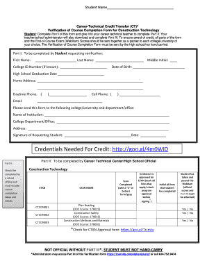 Career-Technical Credit Transfer Verification Form