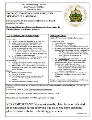 Vermont Unclaimed Property Claim Form