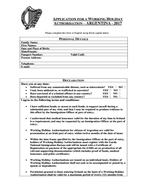Argentina Working Holiday Authorisation Application