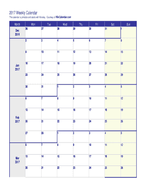 This calendar is printable and starts with Monday