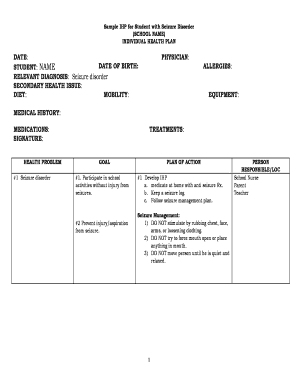 Individual Health Plan for Student with Seizure Disorder