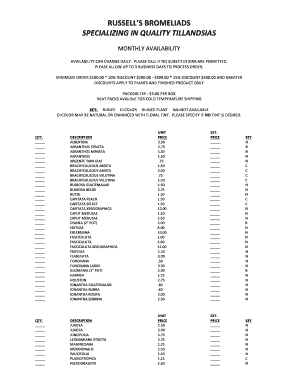 Russell’s Bromeliads Order Form