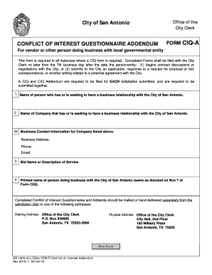 Conflict of Interest Questionnaire Addendum Form