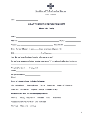 Hospital Volunteer Service Application Form