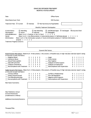 Idaho Sex Offender Treatment Monthly Status Update