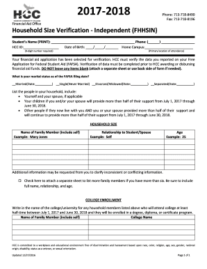 Household Size Verification Form for Independent Students