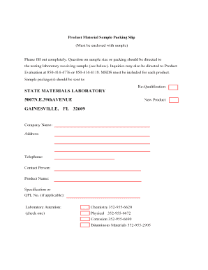Product Material Sample Packing Slip