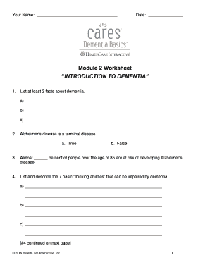 Introduction to Dementia Worksheet
