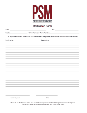 Medication Form for Student Ministry Trip
