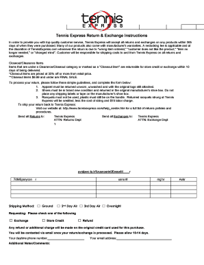 Tennis Express Return & Exchange Form