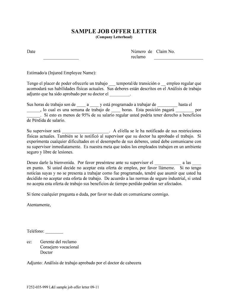 Fillable Online Fillable F252035999 sample job offer letter spanish