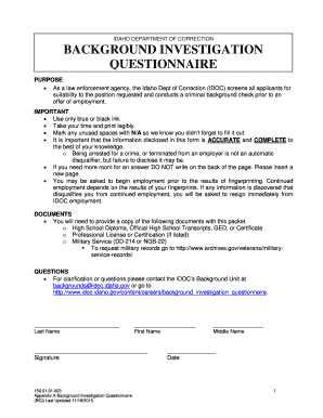 Idaho Department of Correction Background Investigation Questionnaire