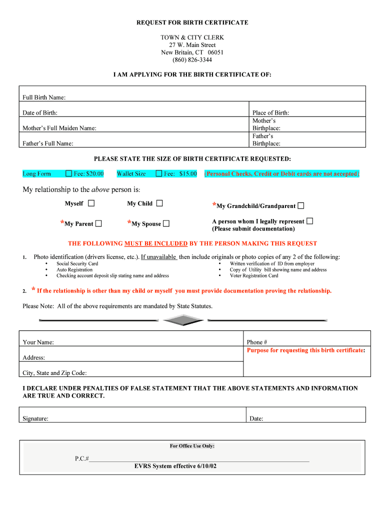 Fillable Online newbritainct BIRTH CERTIFICATE REQUEST FORM.DOC - newbritainct Fax Email Print ...