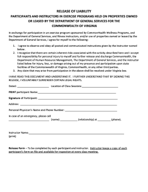 Release of Liability for Virginia Exercise Programs