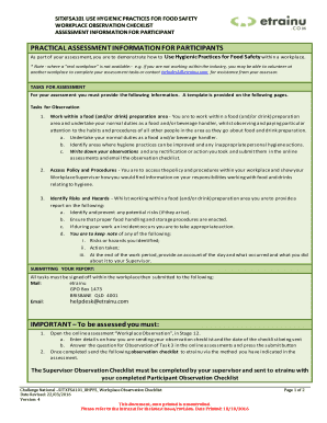 SITXFSA101 Hygienic Practices Food Safety Workplace Observation Checklist