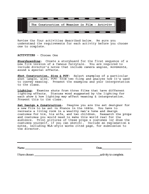 Film Studies Activity Selection Form