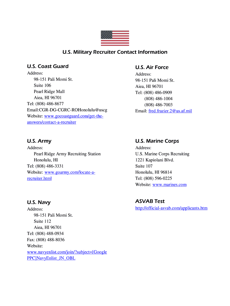 Fillable Online Fillable U.S. Military Recruiter Contact Information U