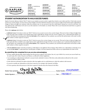 Student Authorization to Hold Excess Funds