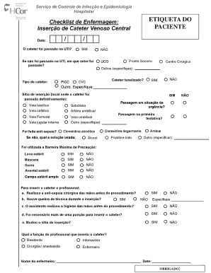 Checklist de Enfermagem: ETIQUETA DO Inserção de Cateter Venoso Central