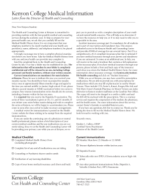 Kenyon College Medical Health History Form