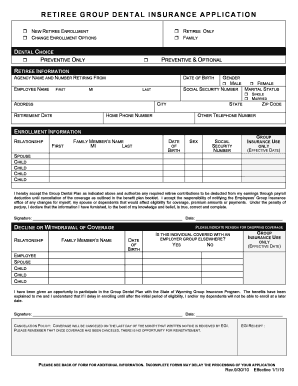 Wyoming Retiree Dental Insurance Application