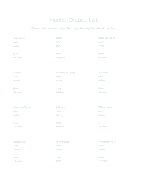 Wedding Vendor Contact List