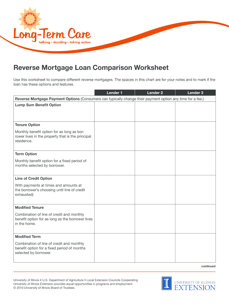 Fillable Online Reverse Mortgage Loan Comparison Worksheet - Long-Term ...