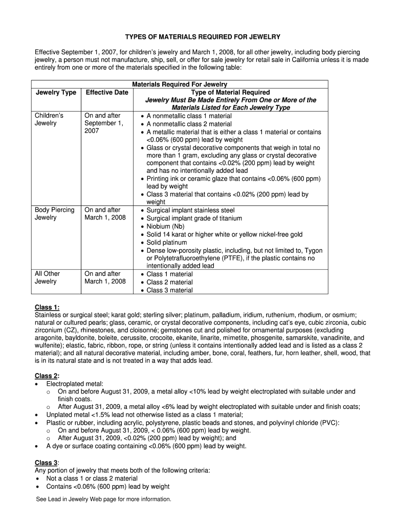 Fillable Online Lead in Jewelry Materials Chart Fax Email Print