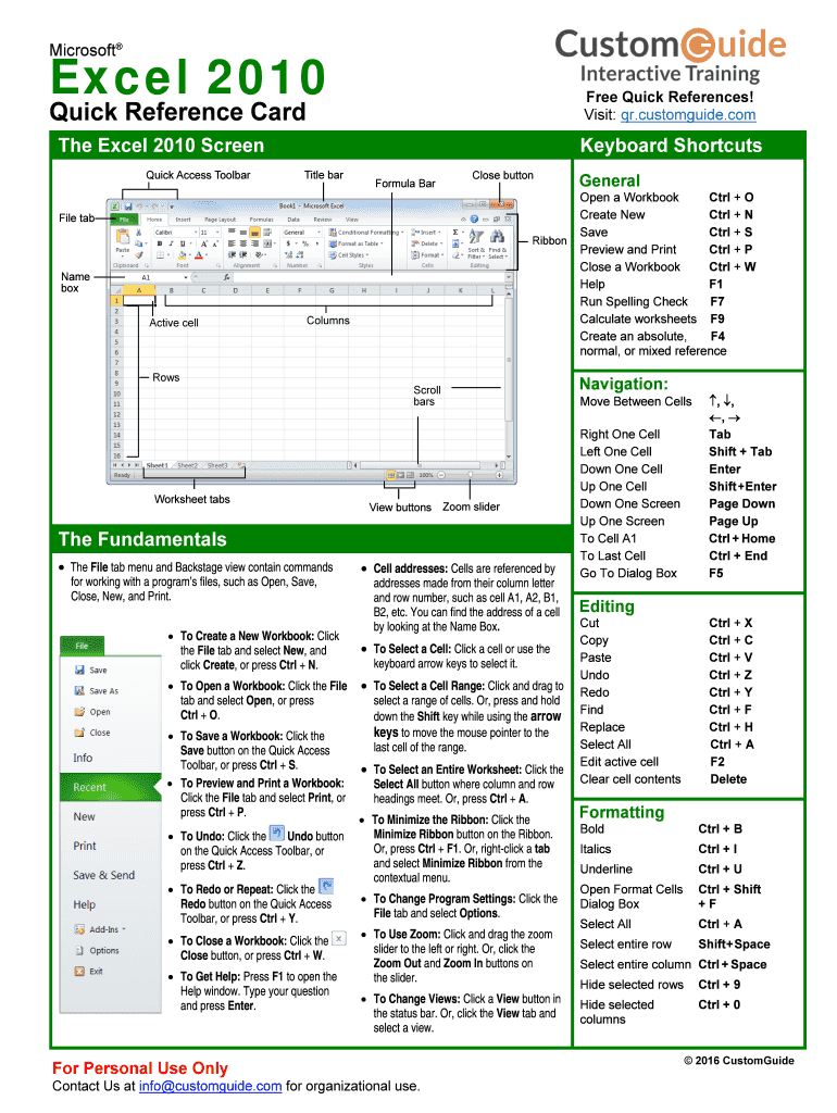 Fillable Online Excel 2010 Quick Reference. Excel 2010 Quick Reference ...