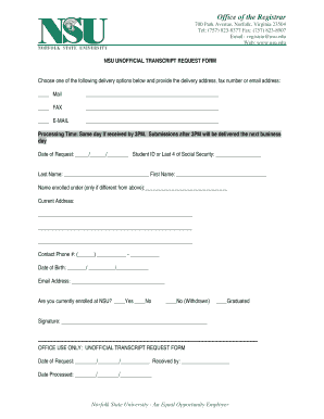 NSU Unofficial Transcript Request Form