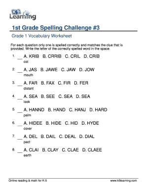 Fillable Online Vocabulary 1st grade spelling words - printable first ...