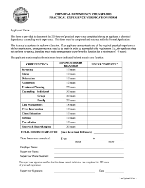 Chemical Dependency Counselor Practical Experience Verification Form