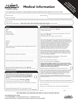 Medical Information Form for Camp Beaumont Day Camps