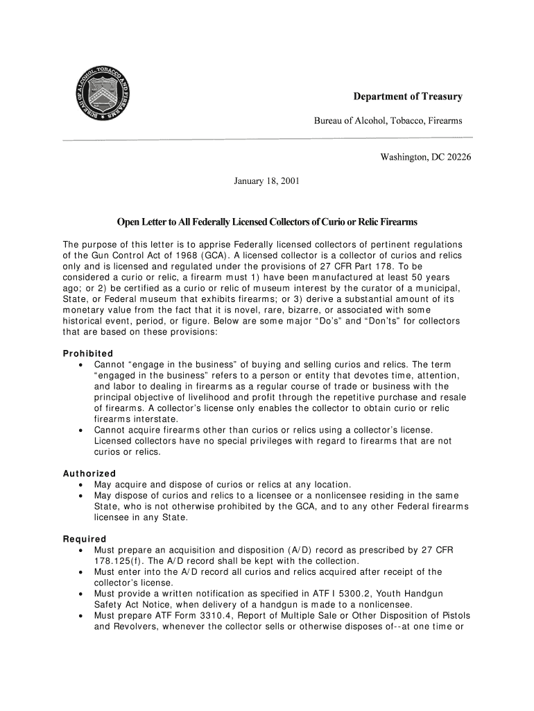 Fillable Online Open Letter to All Federally Licensed Collectors of ...